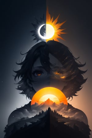 SelectiveColorStyle, 2colorpop gold and silver. A majestic double exposure eclipse, moonfall, sunrise. Highest quality with insane detail in a fantastical anime style. Silhouette of a sunburst in a double exposure style.