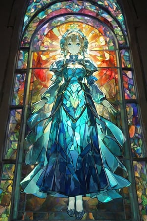 sss, A woman made out of glass with a sign above her head. Full body shot with an iridescent stained glass background. Best quality score_9, with insane detail in a realistic anime style with vivid colors.
