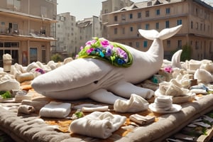 DonMT0w31XL towel. A whale made out of towels. A bowl of petunias made out of towels. Abandoned towel city background. Best quality score_9, with vivid colors in a realistic style.