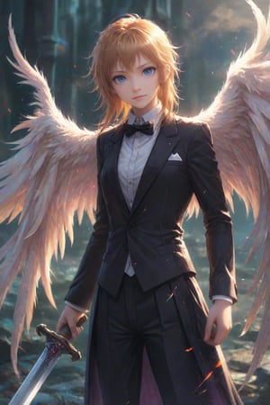 Angel in a black tuxedo with feathery wings holding a sword. Best quality score_9 with very aesthetic vivid colors in a (realistic:0.9) (anime:1.1) style.