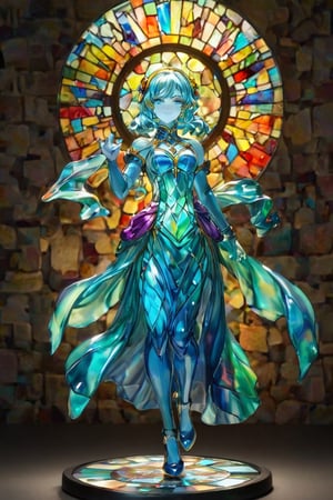 sss, A figurine of a woman made out of glass with a sign above her head. BREAK Full body shot with an iridescent stained glass background. Best quality score_9, with insane detail in a realistic anime style with vivid colors.