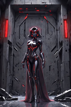 Shiny void robot queen with red eyes. Liminal space brutalist architecture background. Best quality score_9 with insane detail in a realistic anime style.