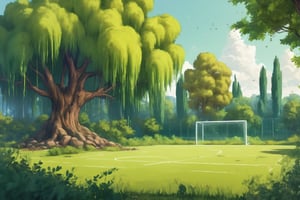 Soccer field forest landscape with a willow tree and berry bushes in the background. Best quality score_9, with insane detail and vivid colors in a realistic anime style.