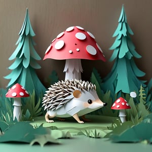 Cute hedgehog. Depth of field papercraft mushroom forest background. Best quality score_9, with vivid colors in a realistic papercraft style.
