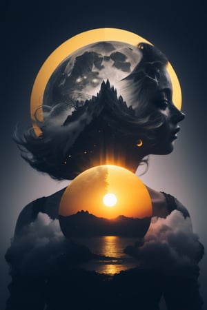 SelectiveColorStyle, 2colorpop gold and silver, double exposure. A majestic sunrise, moonfall, eclipse.