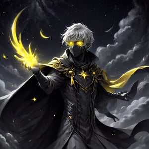 SelectiveColorStyle, 2colorpop silver and yellow. A man with short grey blond hair and a gilded mask and cloak, using glowing starlight magic in a dynamic pose facing the camera. Night background with starry skies and moons. Best quality score_9, with insane details and vibrant colors in a realistic anime style.