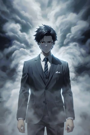 A young man wearing a suit made out of fog. Supernatural and uncanny background. Best quality score_9, with insane details and deep colors in a realistic anime style.