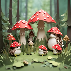 Cute hedgehog family. Depth of field papercraft mushroom forest background. Best quality score_9, with vivid colors in a realistic papercraft style.