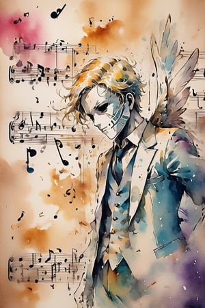 Angel of music man in a suit with a mask. Music notes and sheet music. Best quality score_9, with insane detail in a minimalistic anime style with vivid colors.