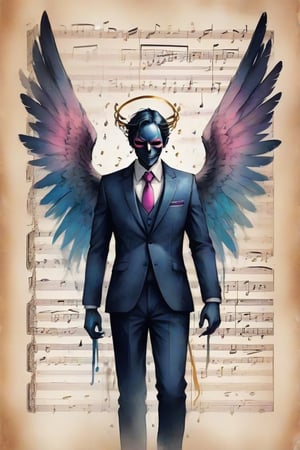 Angel of music man in a suit with a demon mask and large wings. Music notes and sheet music. Best quality score_9, with insane detail in a minimalistic anime style with vivid colors.