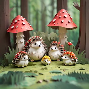 Cute hedgehog family. Depth of field papercraft mushroom forest background. Best quality score_9, with vivid colors in a realistic papercraft style.