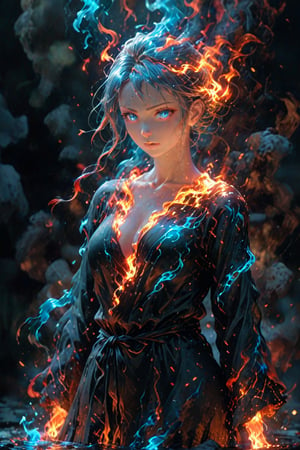 fire element. A blue fire woman (composed of fire elements:1.2) in a black bath robe. Best quality score_9 with very aesthetic vivid colors in a (realistic:0.9) (anime:1.1) style.