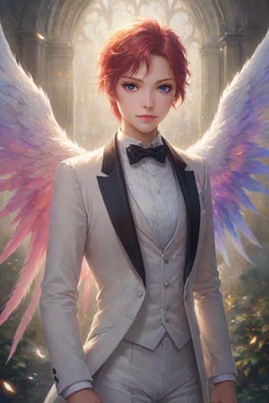Angel in a tuxedo with feathery wings. Best quality score_9 with very aesthetic vivid colors in a (realistic:0.9) (anime:1.1) style.
