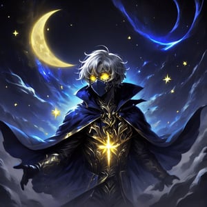 SelectiveColorStyle, 2colorpop silver yellow royal blue. A man with short grey blond hair and a gilded mask and cloak, using glowing starlight magic in a dynamic pose facing the camera. Night background with starry skies and moons. Best quality score_9, with insane details and vibrant colors in a realistic anime style.