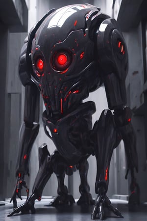 (Shiny:0.75) void robot queen with red eyes. Liminal space brutalist architecture background. Best quality score_9 with insane detail in a realistic anime style.,void
