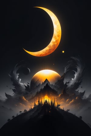 SelectiveColorStyle, 2colorpop gold and silver. A majestic double exposure eclipse, moonfall, sunrise. Highest quality with insane detail in a fantastical anime style. Silhouette of an eclipse in a double exposure style.