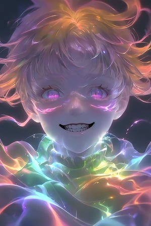 Minimalist hologram of insanity. Non-euclidian close up shot with an evil grin. Best quality score_9, with insane details and vivid colors in a realistic anime style.