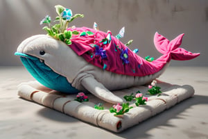 DonMT0w31XL towel. A whale and potted petunia made out of towels. Abandoned towel city background. Best quality score_9, with vivid colors in a realistic style.