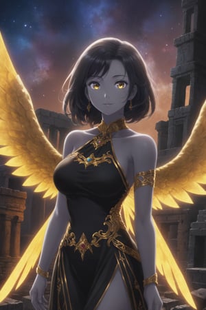 A mature woman with grey skin, black hair and gold eyes. Halter top black dress, with glowing gold wings made of light. Galaxy sky background, with ancient ruins. Best quality score_9 with intricately detailed lighting and very aesthetic bright colors in an anime style.