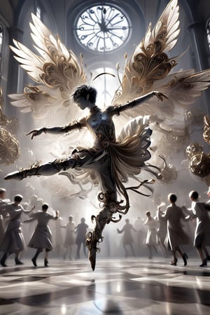 Clockwork angel dancing. Best quality score_9 with insane detail in a realistic anime style.
