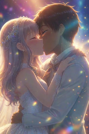 Hetero wedding kiss. Best quality score_9 with intricately detailed lighting and very aesthetic vivid colors in an anime style.