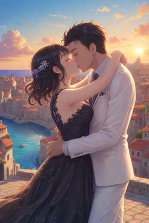 Hetero (wedding:0.75) kiss. Black dress white suit. Mediterranean sea town background. Best quality score_9 with intricately detailed lighting and very aesthetic vivid colors in an anime style.,kiss