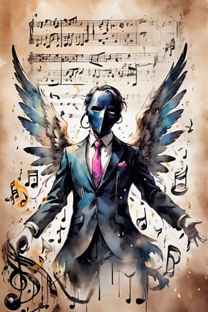 Angel of music man in a suit with a phantom mask and large wings. Music notes and sheet music. Best quality score_9, with insane detail in a minimalistic anime style with vivid colors.