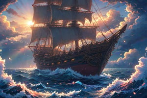 Sailboat on the open ocean underneath a clear sky. Best quality score_9 with intricately detailed lighting and very aesthetic vibrant colors in an anime style.