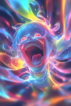 Minimalist hologram of insanity. Non-euclidian close up shot with crazy laughter. Abstract hologram background. Best quality score_9, with insane details and vivid colors in a realistic anime style.