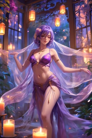 A woman in a purple harem outfit with a transparent veil. Dynamic pose and camera angle, displaying the grace and sensuality of the dancer. Candle lit garden background with flowers. Best quality score_9, with insane details and vivid colors in a realistic anime style.