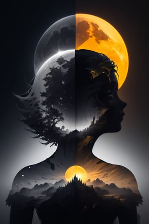 SelectiveColorStyle, 2colorpop gold and silver. A majestic double exposure eclipse, moonfall, sunrise. Highest quality with insane detail in a fantastical anime style. Silhouette double exposure style.