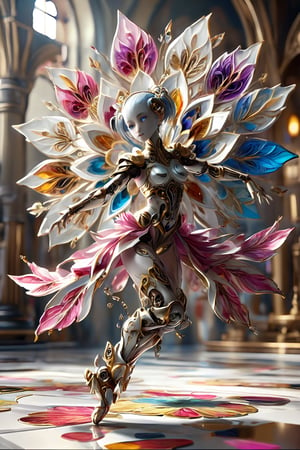 Clockwork angel robot dancing in a harem dress. Close up on a lotus flower face. Best quality score_9 with insane detail and vibrant colors in a realistic anime style.