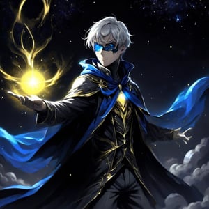 SelectiveColorStyle, 2colorpop silver yellow royal blue. A man with short grey blond hair and a gilded mask and cloak, using glowing starlight magic in a dynamic pose facing the camera. Night background with starry skies and moons. Best quality score_9, with insane details and vibrant colors in a realistic anime style.