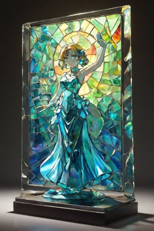 sss, A figurine of a woman made out of glass holding a large sign. BREAK Full body shot with an iridescent stained glass background. Best quality score_9, with insane detail in a realistic anime style with vivid colors.