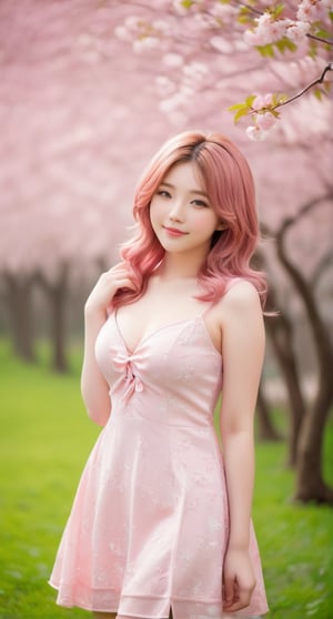 18yo girl, pretty cute japanese face, thick chubby body, slightly smile, gorgeous pink wavy hair, pale skin, pink luxury mini dress, medium perky breast, slightly smile, seductive pose, Sakura tree, pink meadow, falling leaves