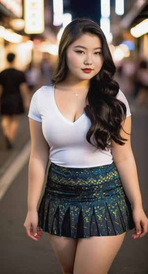 20yo girl, (chubby body:1.3), pretty eurasian face, long wavy black hair, pale skin, slightly smile, small perky breasts, cleavage, tight fitting shirts v-neck, pleated mini skirt, dynamic model pose, full print fabric, epic japanese street, night shot, award winning photography