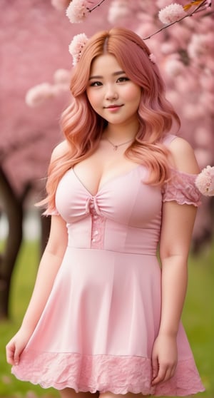 18yo girl, pretty cute japanese face, thick chubby body, slightly smile, gorgeous pink wavy hair, pale skin, pink luxury mini dress, medium perky breast, slightly smile, seductive pose, Sakura tree, pink meadow, falling leaves