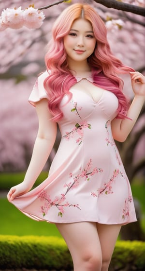 18yo girl, pretty cute japanese face, thick chubby body, slightly smile, gorgeous pink wavy hair, pale skin, pink luxury mini dress, medium perky breast, slightly smile, seductive pose, Sakura tree, falling leaves