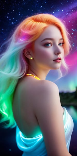 youthfull girl, stunningly beautiful face, pudgy cheeks, pale skin, strange luminous-colorful hair, bright colored eyes, luminous simple necklace, bare shoulder colorful glowing cosmic, cosmic lights around her, aurora sky, night time, low lights, upper body shot