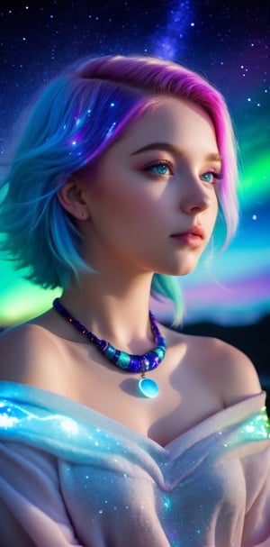 youthfull girl, stunningly beautiful face, pudgy cheeks, pale skin, strange luminous-colorful hair, blue colored eyes, luminous simple necklace, bare shoulder colorful glowing cosmic, cosmic lights around her, aurora sky, night time, low lights, upper body shot