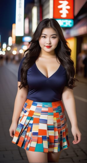 20yo girl, (chubby body:1.3), pretty eurasian face, long wavy black hair, pale skin, slightly smile, small perky breasts, cleavage, tight fitting shirts v-neck, pleated mini skirt, dynamic model pose, full print fabric, epic japanese street, night shot, award winning photography