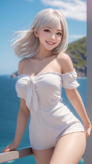 high quality,  high resolution,  high detail,  1girl,  glossy clean neat,  beautiful,  kawaii style,  hdr,  12k,  perfect staging,  white hair,  background blur, smile, (nsfw, nude, thigh, slim body:1.5), sea, outdoor, (photo realistic, realistic:1.5), 
