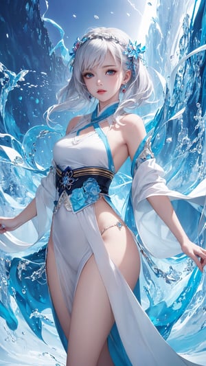 (masterpiece, top quality, best quality, official art, beautiful and aesthetic:1.2), (1girl:1.2), cute, extreme detailed,(abstract:1.4, fractal art:1.3),(silver_hair:1.1), fate \(series\), colorful,highest detailed, fire, ice, lightning, (splash_art:1.2), jewelry:1.4, hanfu, scenery,