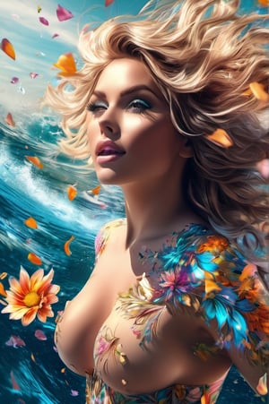 intricate Portrait of a jubilant beautiful woman with flowy hair , hyperdetailed face, hyperdetailed eyes, sharp focus on eyes, 8k UHD, work of beauty and inspiration, flowercore, alberto seveso style ,A girl dancing,  flower petals flying with the wind ,  glowing fractal art elements , hazel eyes, (nsfw, nude, thigh, slim body:1.3), sea, outdoor, standing, walking, big boobs,