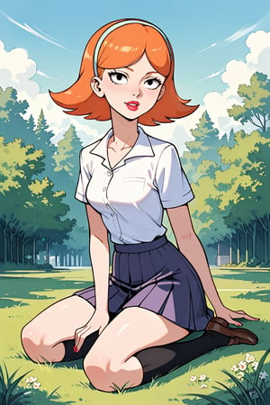 full_body, daytime, outdoors, masterpiece, best quality, highly detailed, score_9, score_8_up, score_7_up, score_6_up, source_anime, JessicaXLv2LessSteps, 1girl, BREAK, lipstick, short hair,  woman, cartoon_source, orange hair, skirt, shirt, school, schoolgirl, looking at the viewer, black eyes, headband, dynamic pose, sit down in the grass,