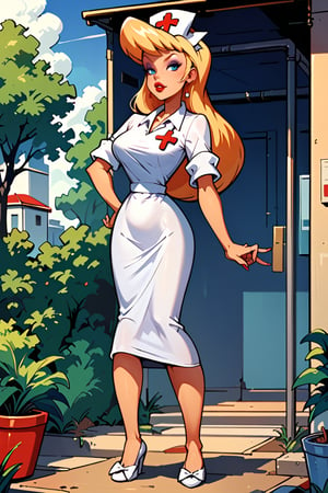 full_body 2:3, outdoors, cartoon style,masterpiece, best quality, highly detailed, score_9, score_8_up, score_7_up, score_6_up, source_anime, BREAK,  HellonurseXL, blond hair, blonde, 1girl, lipstick, long hair, blue_eyes, nurse cap, white nurse uniform, nurse shoes with white bow, perfect eyebrows, looking_at_the_viewer 