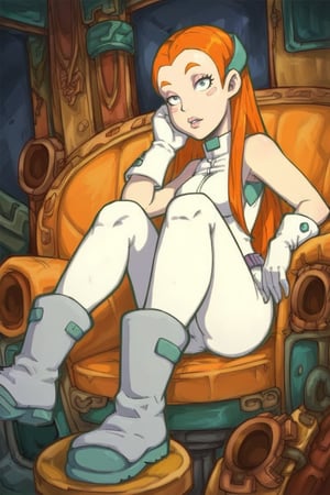 behind_position, score_9, score_8_up, score_7_up, source_anime,Goaldeponia, solo, 1girl, orange hair, white bodysuit sleeveless, pink cheeks stickers, gloves, grey belt, grey boots with darker grey soles, grey diadem, sitting in a chair, indoor, long hair, looking at the viewer,