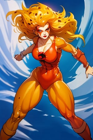 cheetarahot, red lips, blonde, orange leotard, ((wide hips, thighs,thick thighs, muscular, strong)), hands on hips,full_body