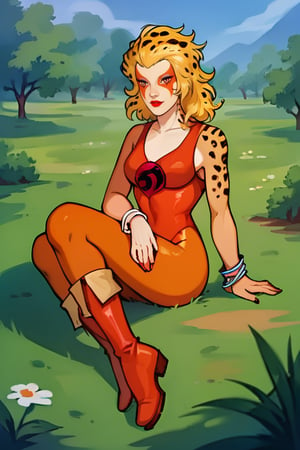 score_9, score_8_up,score_7_up, source_anime, 1girl, , solo, bracelets, red lips, blonde, facial mark, red lips, multi color skin, blond hair,  leopard spot on the hair,  flat colors,  outdoors, medium hair, reddish boots,CheeXL, orange leotard, portrait, sitting on the grass