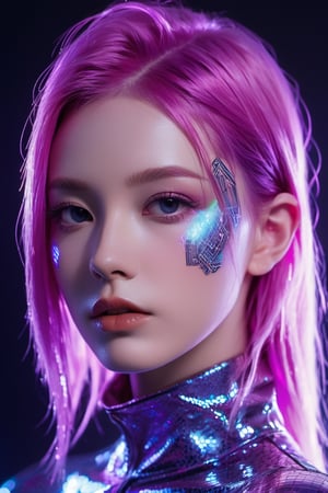 Cyberpunk hacker, neon-lit porcelain skin, razor-cut electric violet hair, shimmering with holographic highlights. Eyes a circuitry-infused cobalt, face with glowing augmented tattoos. Lips a metallic silver, reciting lines of code. FilmGirl, xxmix_girl, detailed eyes